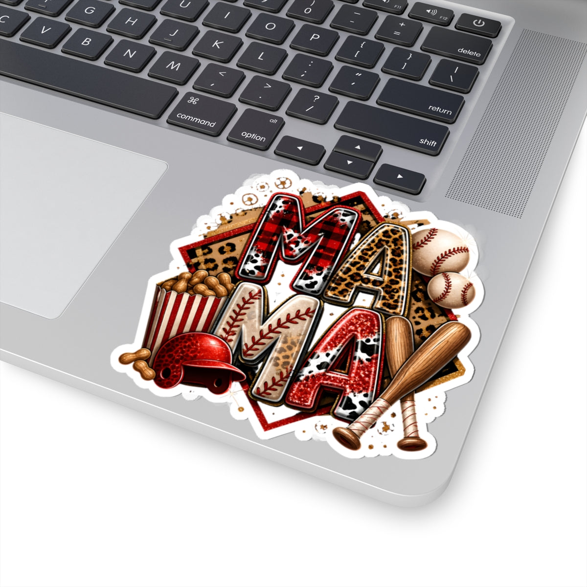 Mama Baseball Sticker — Kiss-Cut Decorative Baseball Mom Decal (helmet, bats, popcorn)