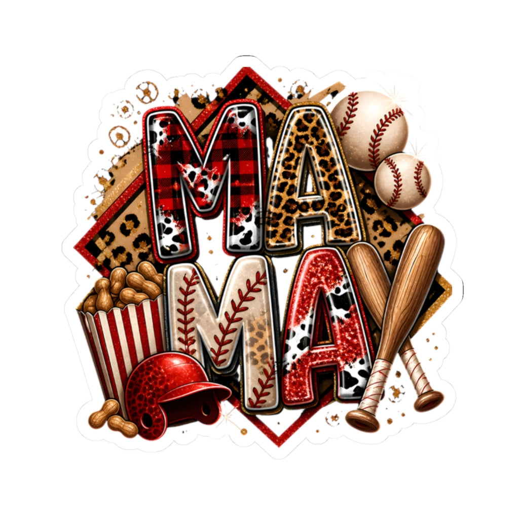 Mama Baseball Sticker — Kiss-Cut Decorative Baseball Mom Decal (helmet, bats, popcorn)