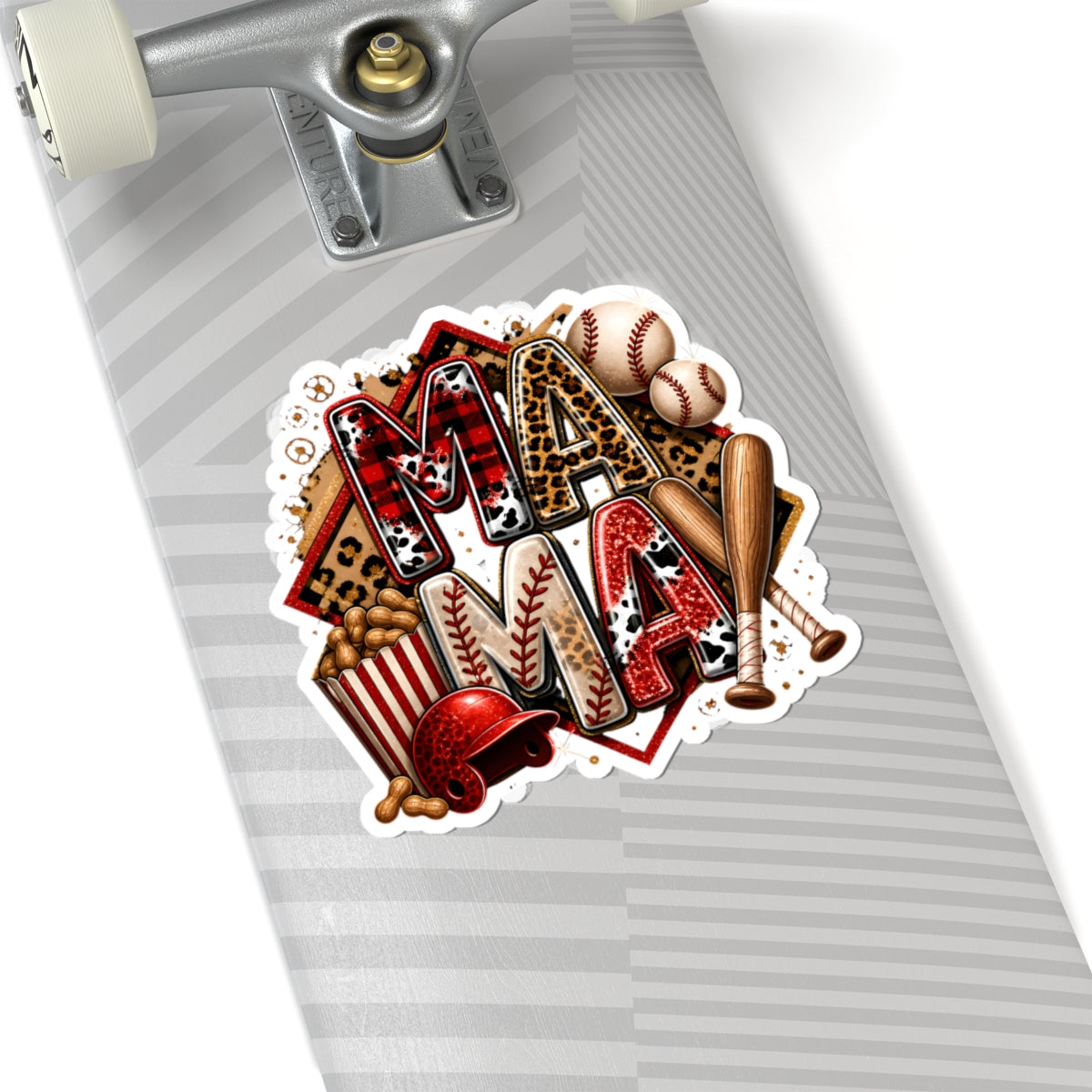 Mama Baseball Sticker — Kiss-Cut Decorative Baseball Mom Decal (helmet, bats, popcorn)